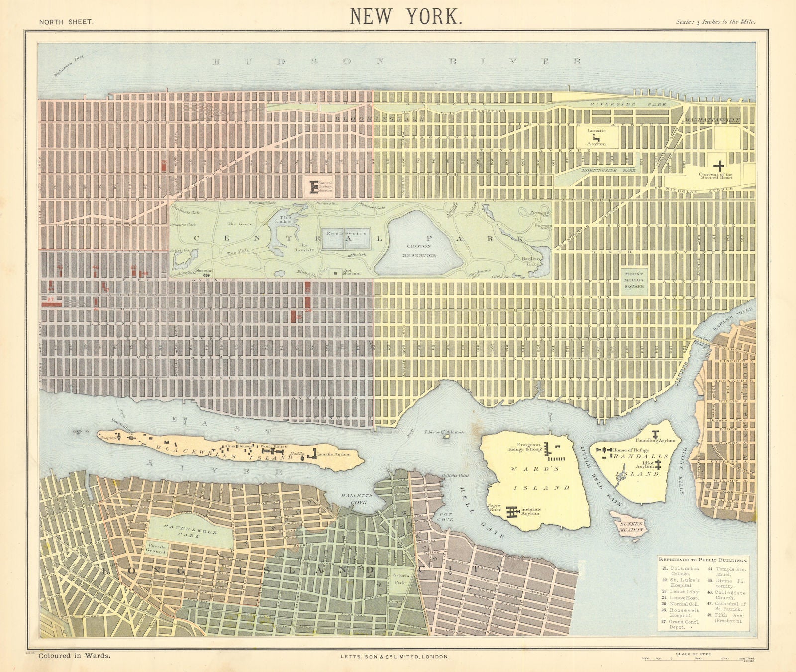 NEW YORK CITY town map plan. Midtown/Upper Manhattan Brooklyn. LETTS 1892